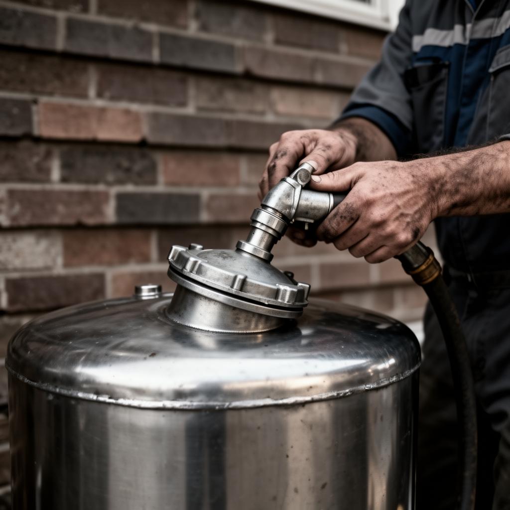 Closeup of a stainless steel heating oil tank fill cap with a delivery hose.